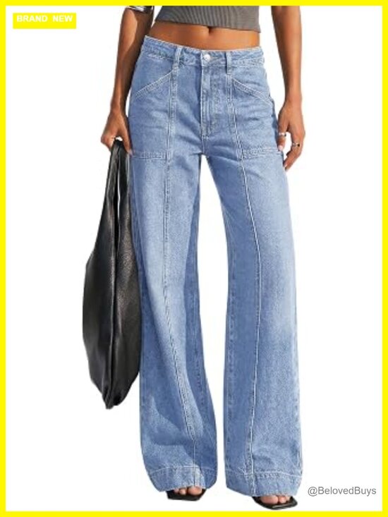 Denim - High Waisted Wide Leg Stretchy Straight Leg Baggy Jeans Front Seam Denim Pants